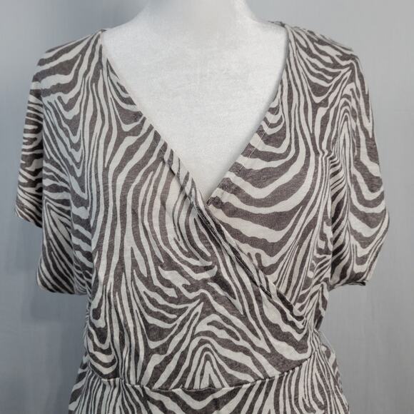 Banana Republic linen short sleeve zebra print wrap top size L gray white career - Picture 2 of 8